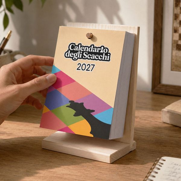 Il Calendario degli Scacchi sulla sua base di legno